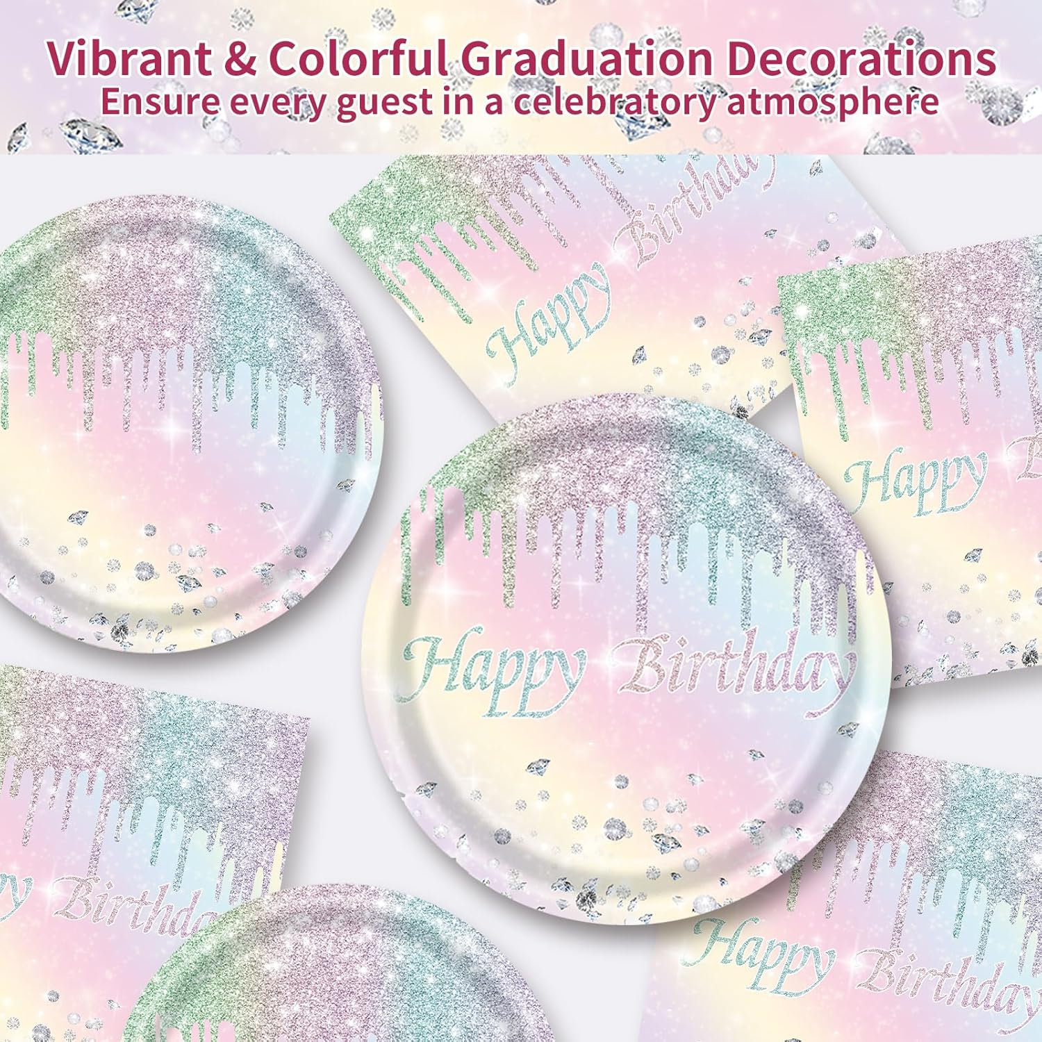 Diamond Birthday Party Supplies,Colorful Glitter Paper Plates and Napkins Tableware with Tablecloth,For Girls Women Birthday,Serves 25 Guests image number 1