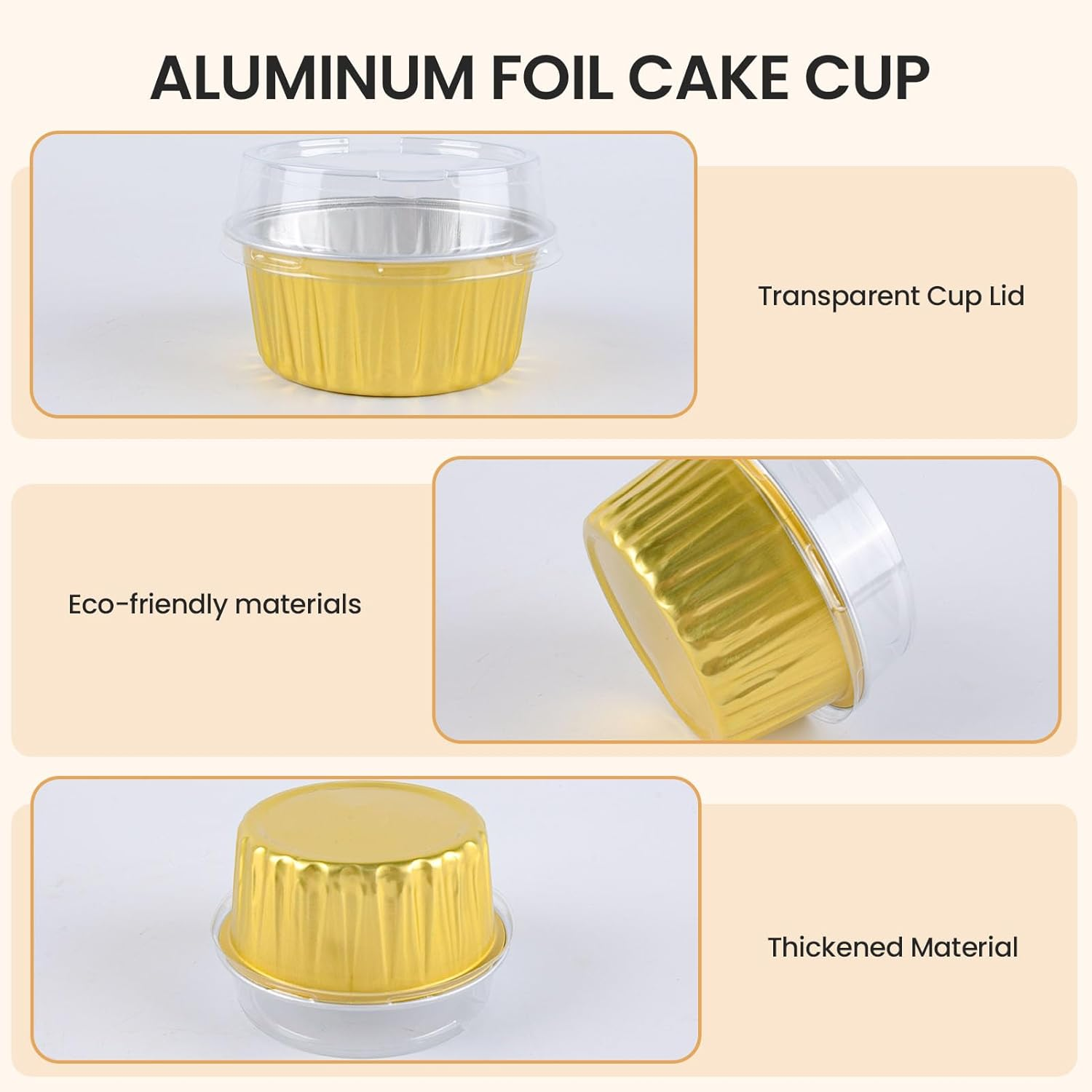 50 Pcs 5Oz Reusable Aluminum Foil Cupcake Baking Cups Mini Dessert Pudding Cups with Lid Oven Safe Baking Containers Perfect(Gold)