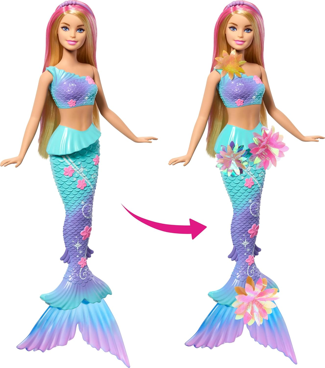 Barbie Mermaid Toy Dolls with Surprise Magic Blooming Flowers Feature, Ombre Tails, Pearl Headband Accessory & Long Blonde Hair with Pink Highlights image number 1