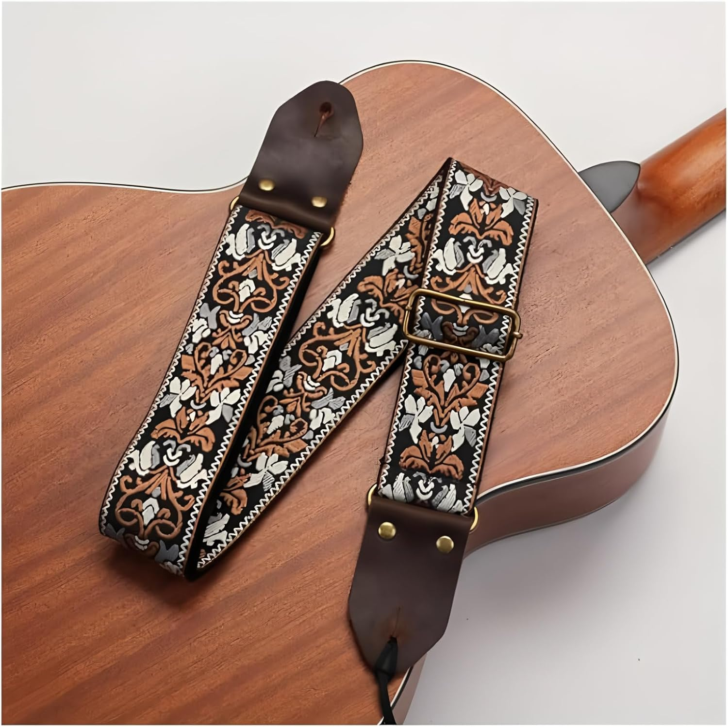 Leather Guitar Strap with Cotton Jacquard Embroidery - Adjustable for Bass/Electric/Acoustic Guitar, Padded Shoulder Support, Includes Strap Locks & Picks image number 6