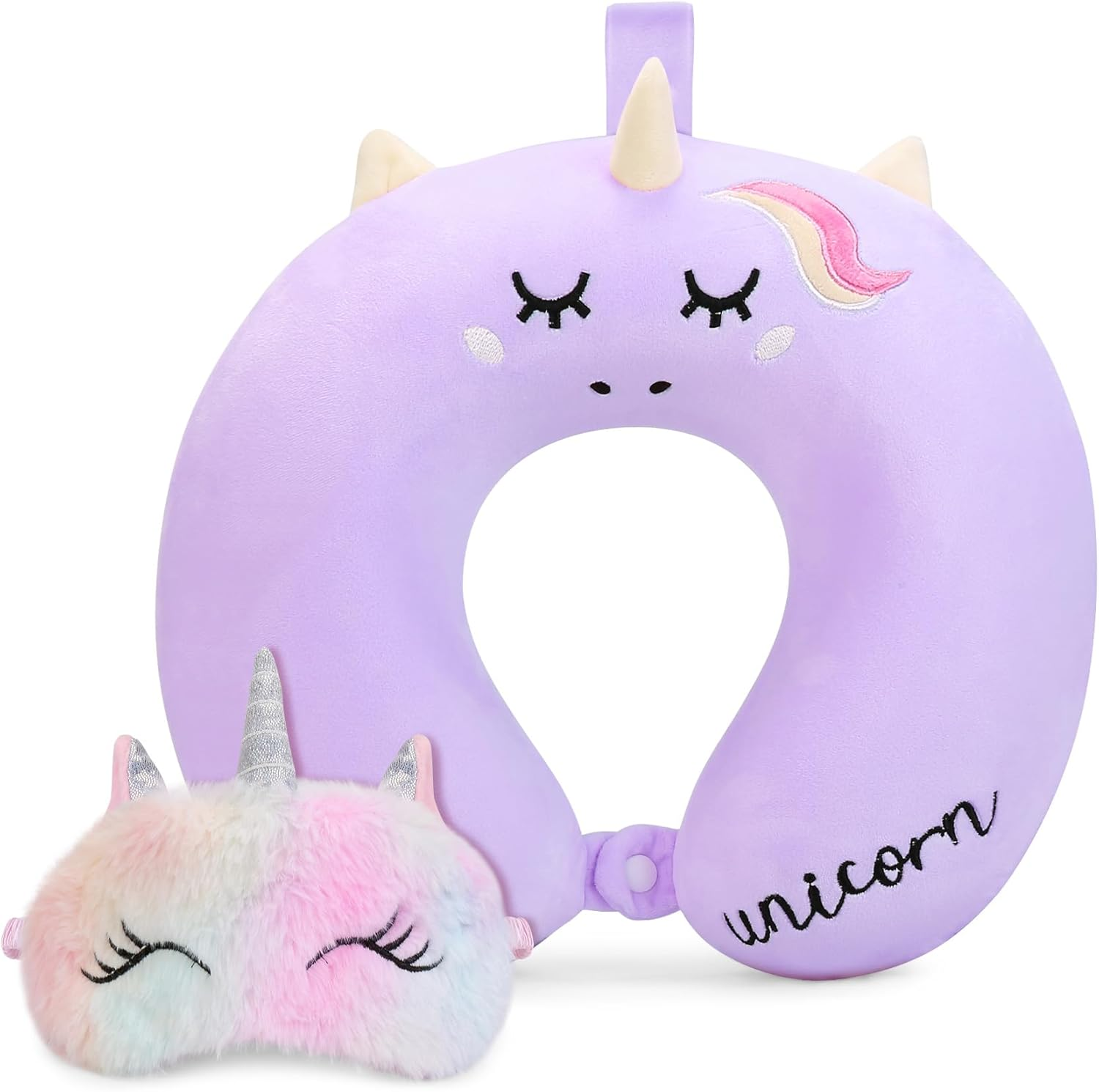 Kids Travel Pillow,Unicorn Toddler Neck Pillow for Kids Traveling with Eye Mask,U-Shaped Airplane Flight Car Head Neck Support Memory Foam Pillow for Adults,Gifts for Children,Boys,Girls (Pink)
