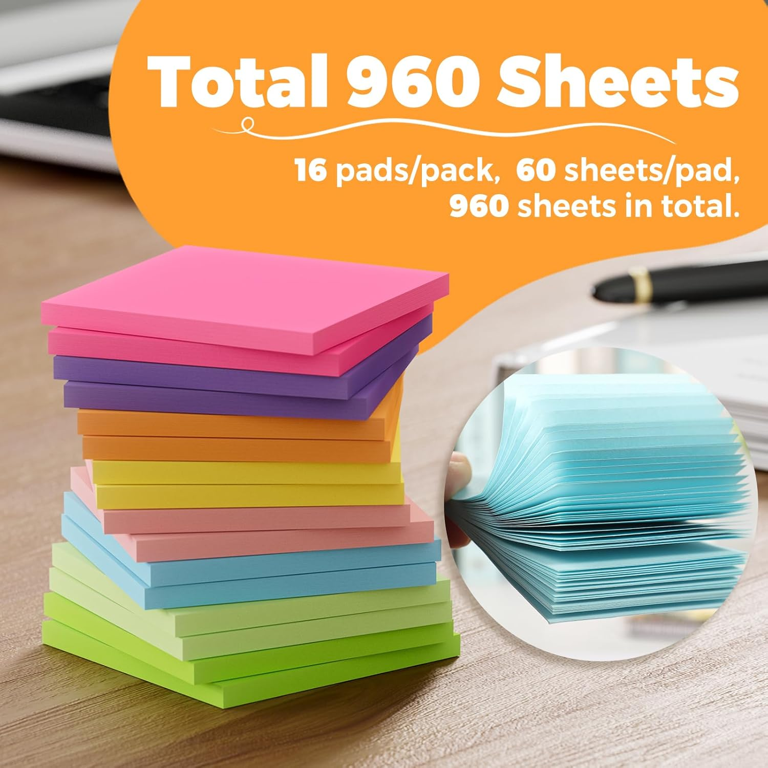 Maxgear Sticky Notes 3X3, 16 Pads Colorful Sticky Pads, Strong Adhesive Self-Stick Note Pads, Super Sticking Power Memo Pads, Leave Reminders Sticky Note on Smooth Surface, 60 Sheets/Pad image number 6