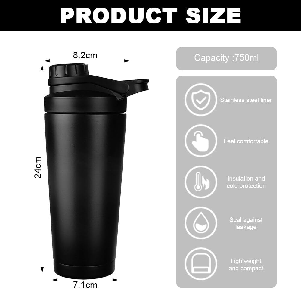 Protein Shaker Bottle 750Ml, Stainless Steel Insulated Protein Shaker and Water Bottle,With Noise Free,Bpa Free,Shaker for Protein Shakes, with Mixed Mesh,For Protein Shakes Gym Shaker image number 5