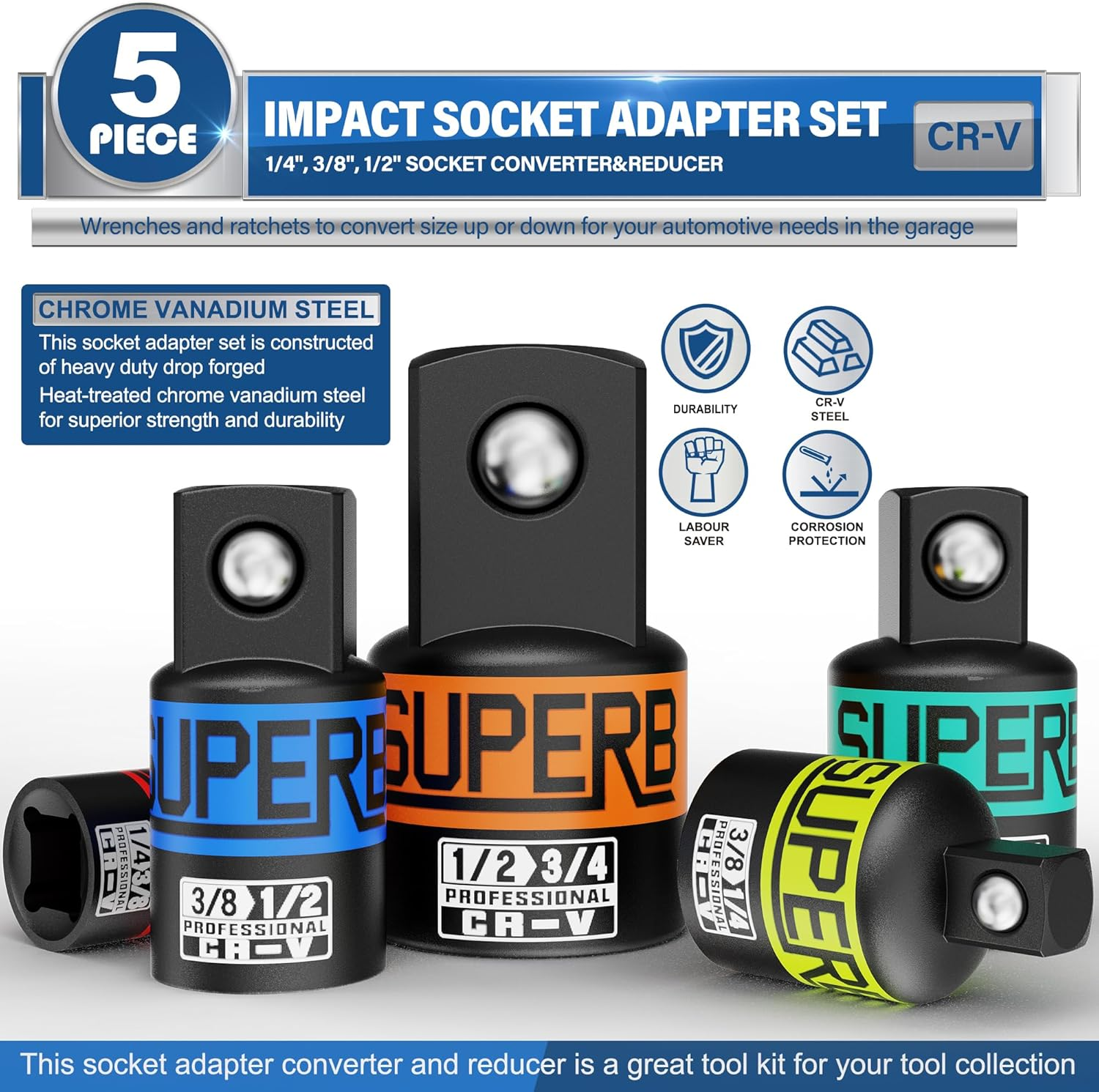 Arwealxs 5 Piece Impact Socket Adapter and Reducer Set, 1/2 to 3/4,1/2 to 3/8,3/8 to 1/2,3/8 to 1/4,1/4 to 3/8 Drive Socket Adapter Set, Reducer Converter Adapter Set for Impact Driver Conversions image number 2