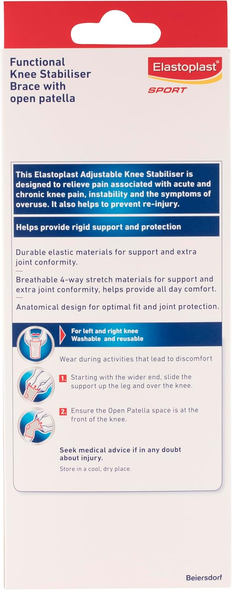 Elastoplast Sport Functional Knee Stabiliser Brace with Open Patella - Size Large (1 Pack) | Compression Knee Guard | Supports Weak & Injured Knees | Adjustable Design | Breathable Material