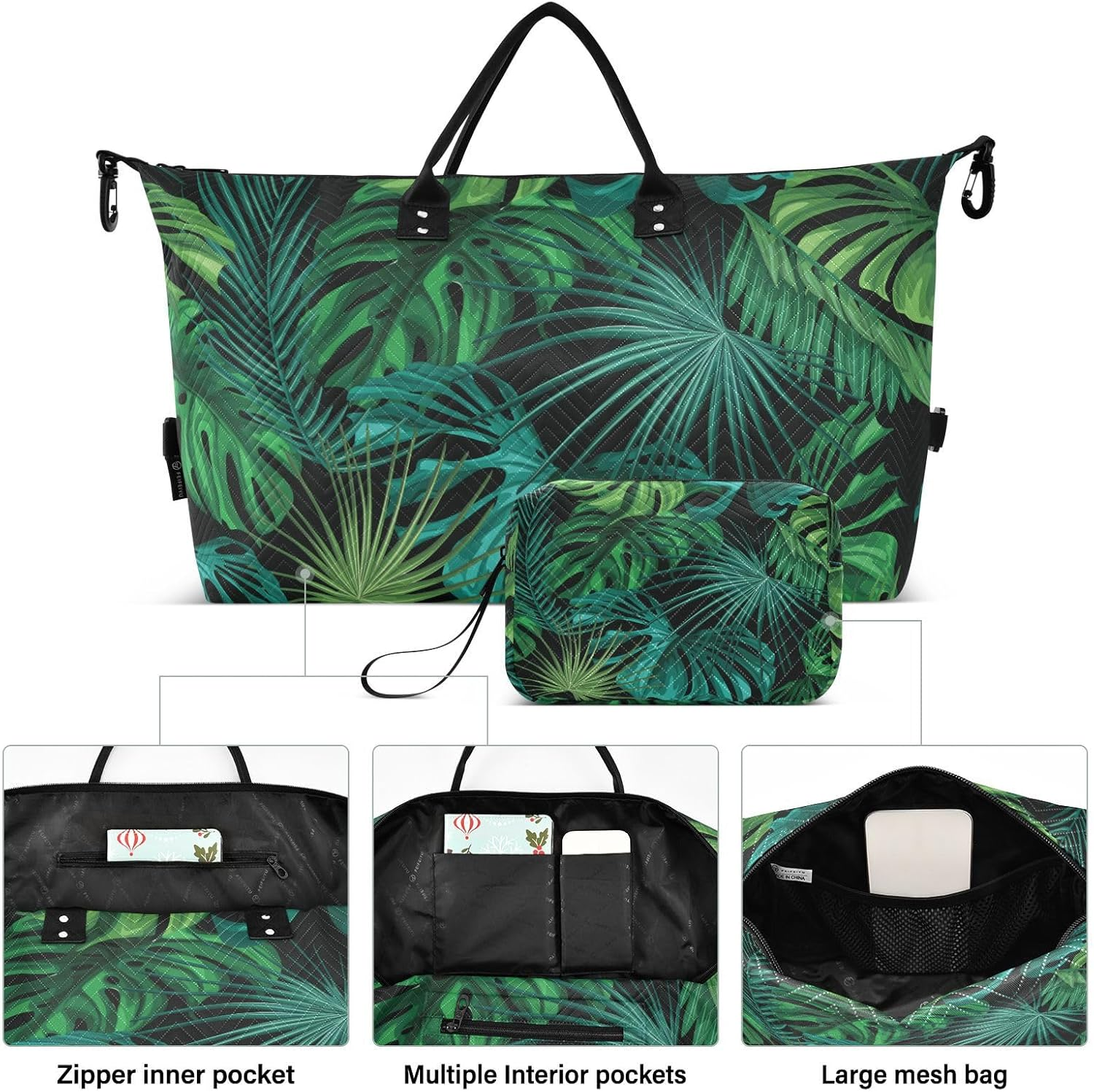 Large Bag Weekender/Overnight Duffel Tropical Plant Leaves Green Workout Bag with Adjustable Strap for Business, Tropical Plant Leaves Green, Set of 2, Art Deco image number 1