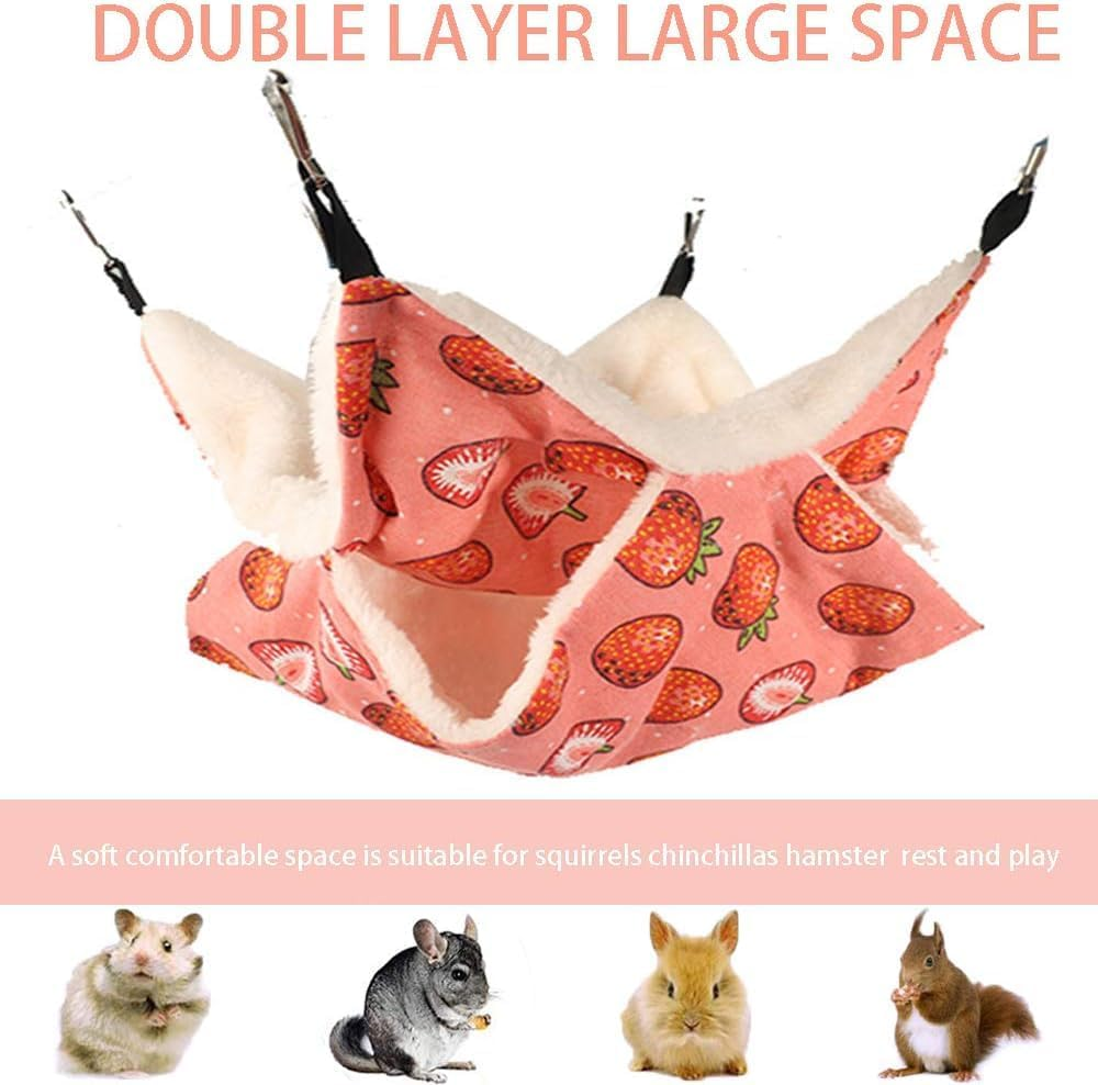 Norhogo Small Animal Hammock Double Layers Hammock for Guinea Pig Rat Ferret Small Pet Hideout with Tunnel Cave Hanging Hammock Pet Accessories, 35 X 35 Cm, Pink Strawberry Pattern image number 5