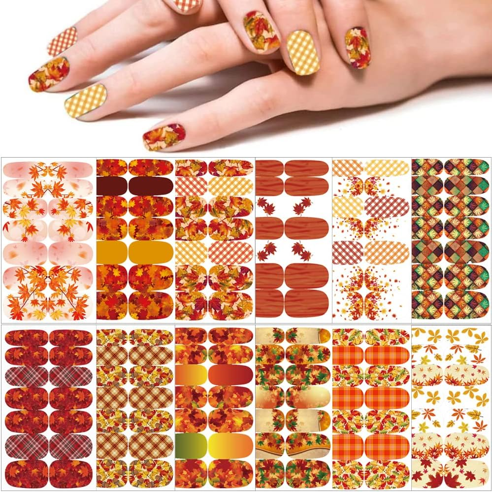 168 Pieces Nail Stickers Self-Adhesive Autumn Nail Stickers Maple Leaves Nail Foil Gold Leaves Nail Foil Autumn Thanksgiving Nail Art Stickers Design image number 2