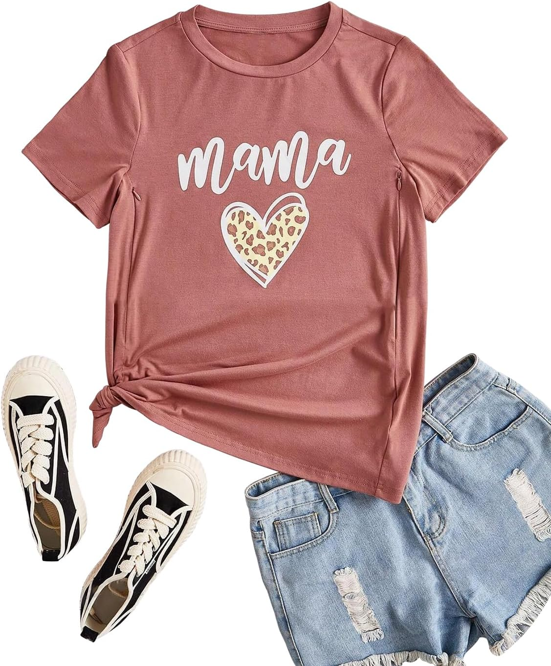 Women Maternity Nursing Shirt Funny Mama Shirt Cute Leopard Heart Graphic Tees Friendly Zip Maternity Breastfeeding Tops image number 1