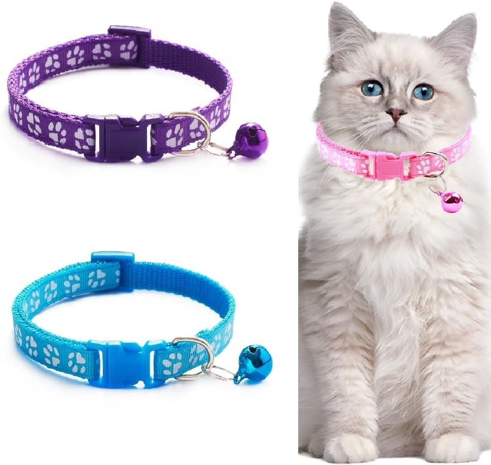 2-Pack Footprint Cat Collar with Bell Basic Dog Cat Collar Buckle Adjustable Polyester Cat Dog Collar or Seatbelts (Purple+Blue, 19-32Cm) image number 2