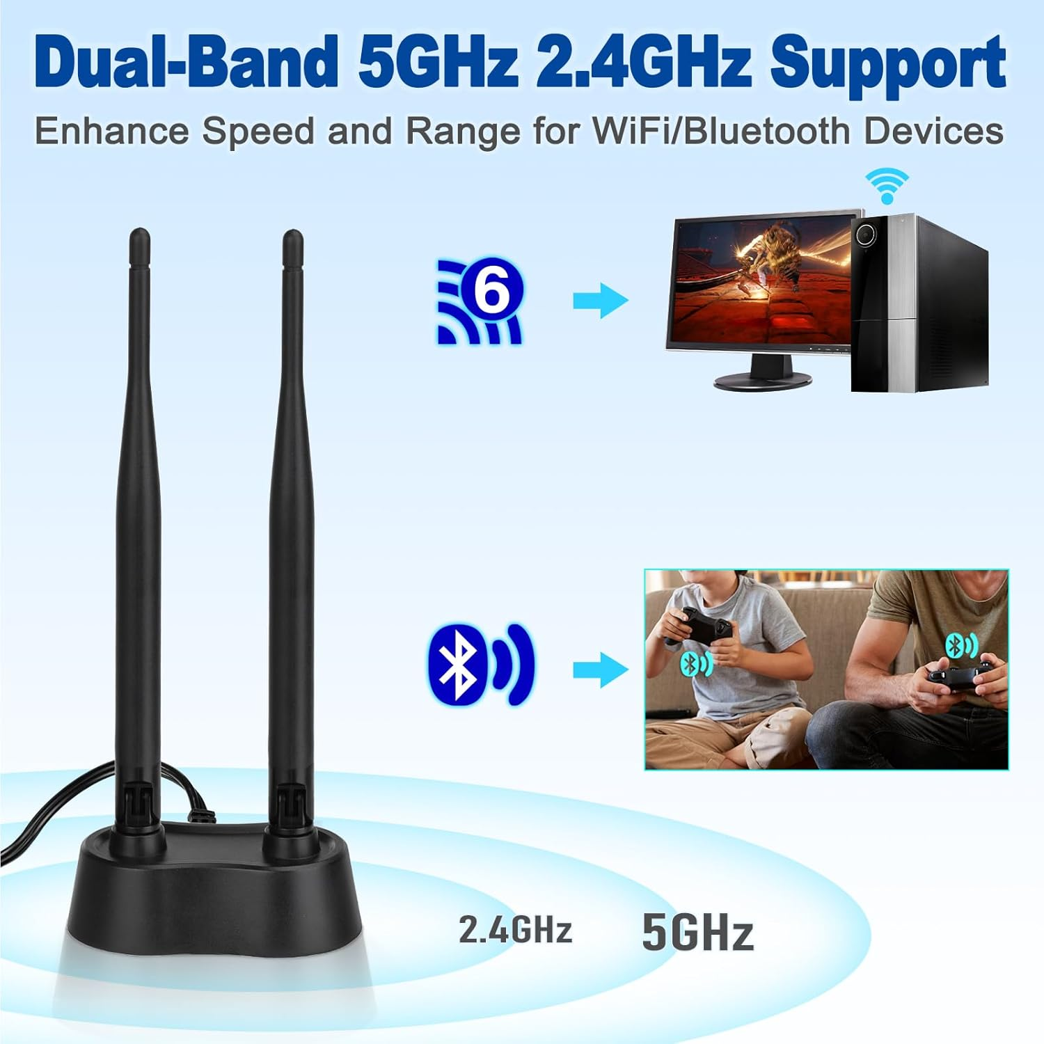 Eightwood 9Dbi Dual Band Wifi Antenna 2.4Ghz 5Ghz RP-SMA Wifi Antennae with Magnetic Base and 200Cm Extension Cable for PC Desktop Computer Pcie Bluetooth Wireless Network Card image number 3