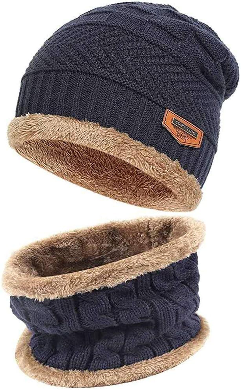 Aufondof 3 Pack Winter Knit Beanie Scarf Gloves Set for Men Thick Warm Sets Knitted Scarf Beanie Hat Touchscreen Gloves Neck Warmer with Fleece Lining