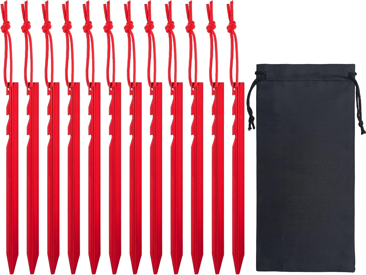 12 Pieces Tent Pegs, Triangular Sawtooth Heavy Duty Tent Pegs Aluminium Alloy Red Camping Tent Stake Nail with Reflective Rope for Camping, Outdoor, Beach, and Hiking