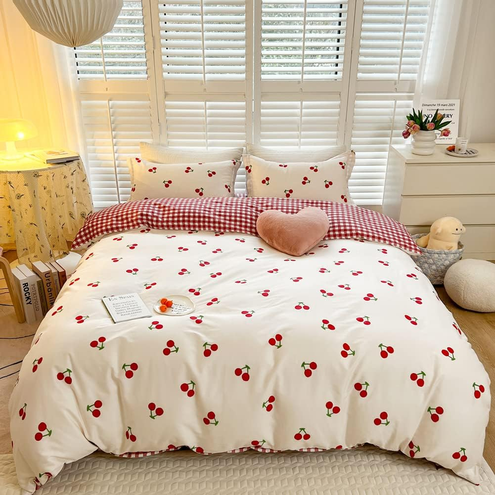 Blueblue Cherry Kids Duvet Cover Set Queen 100% Cotton Bedding for Boys Girls Teens Cartoon Red Cherries Pattern on White 1 Cute Fruit Full Comforter Cover 2 Pillow Shams (Queen) image number 5