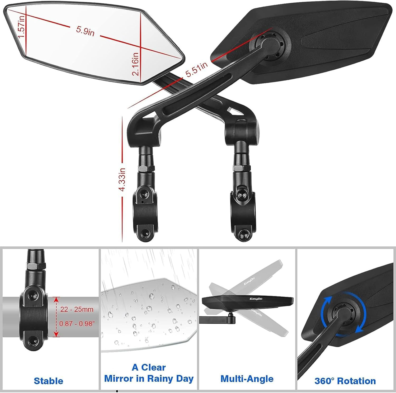 Bike Mirror New Handlebar Bike Mirrors Rotatable Vehicle Rearview Mirror, Bicycle Mirror HD Automotive Grade Glass Lens, Large Surface E-Bike Mirror, Cycling Mirror image number 2