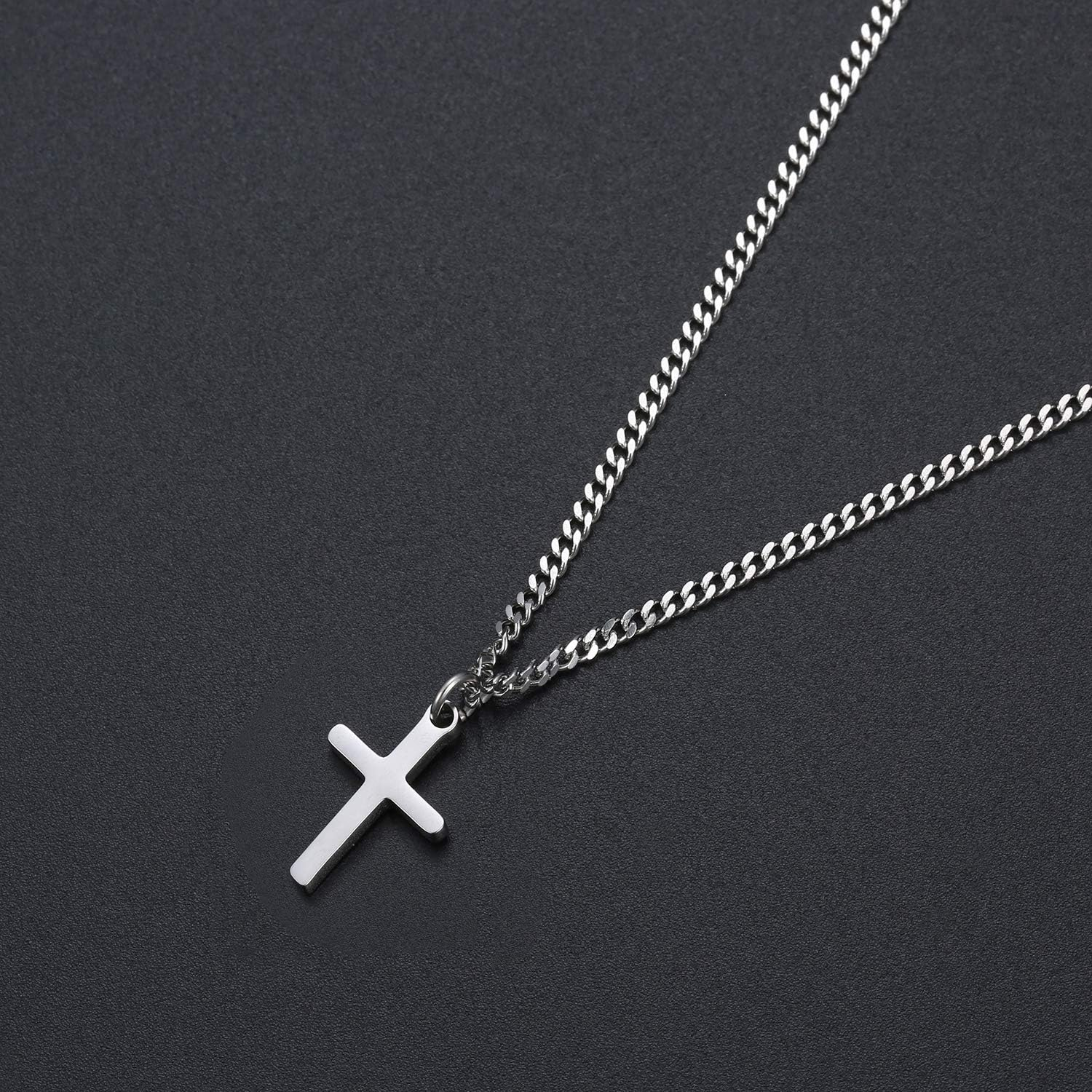 TASBERN Cross Necklace for Men Stainless Steel Silver Polished Plain Small Cross Pendant Necklace for Son Boy Women 16-24 Inches Cuban Chain