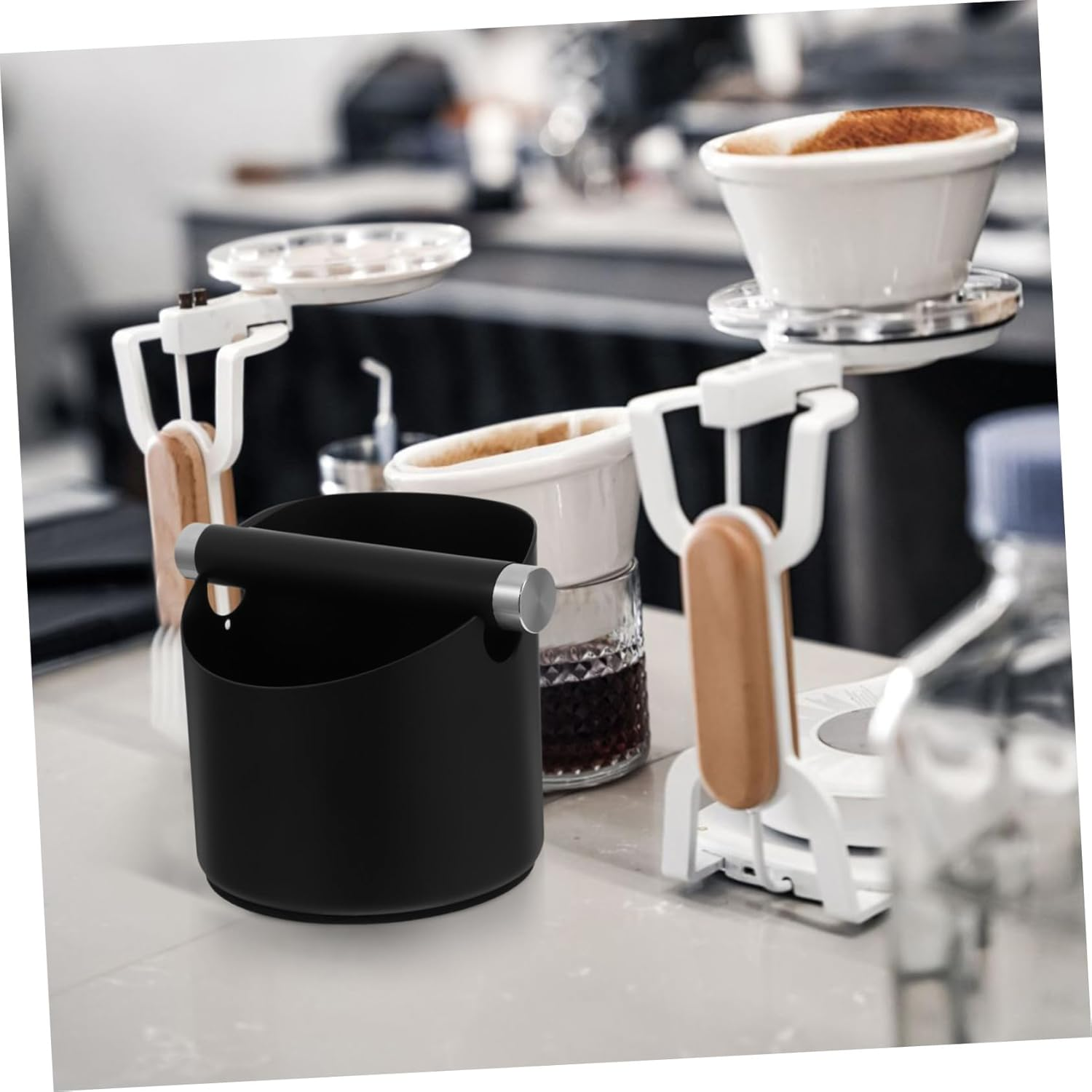 Uonlytech Stainless Steel Coffee Grounds Dump Bin Anti-Skid Espresso Knock Container Small Black Coffee Grind Waste Bin Versatile for Tea Leaves and Kitchen Use Easy to Clean image number 1