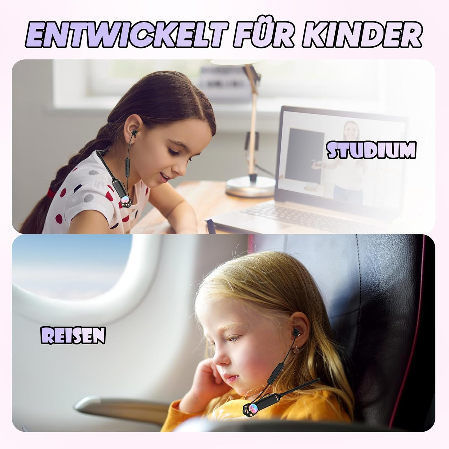 Xmenha Bluetooth Headphones Children'S In-Ear Wireless with Neckband for School Boys Girls Children'S Headphones Wireless Earbuds Headphones Wireless Earphones with Cable for Ipad Kindle Mobile Phone - Pink image number 6