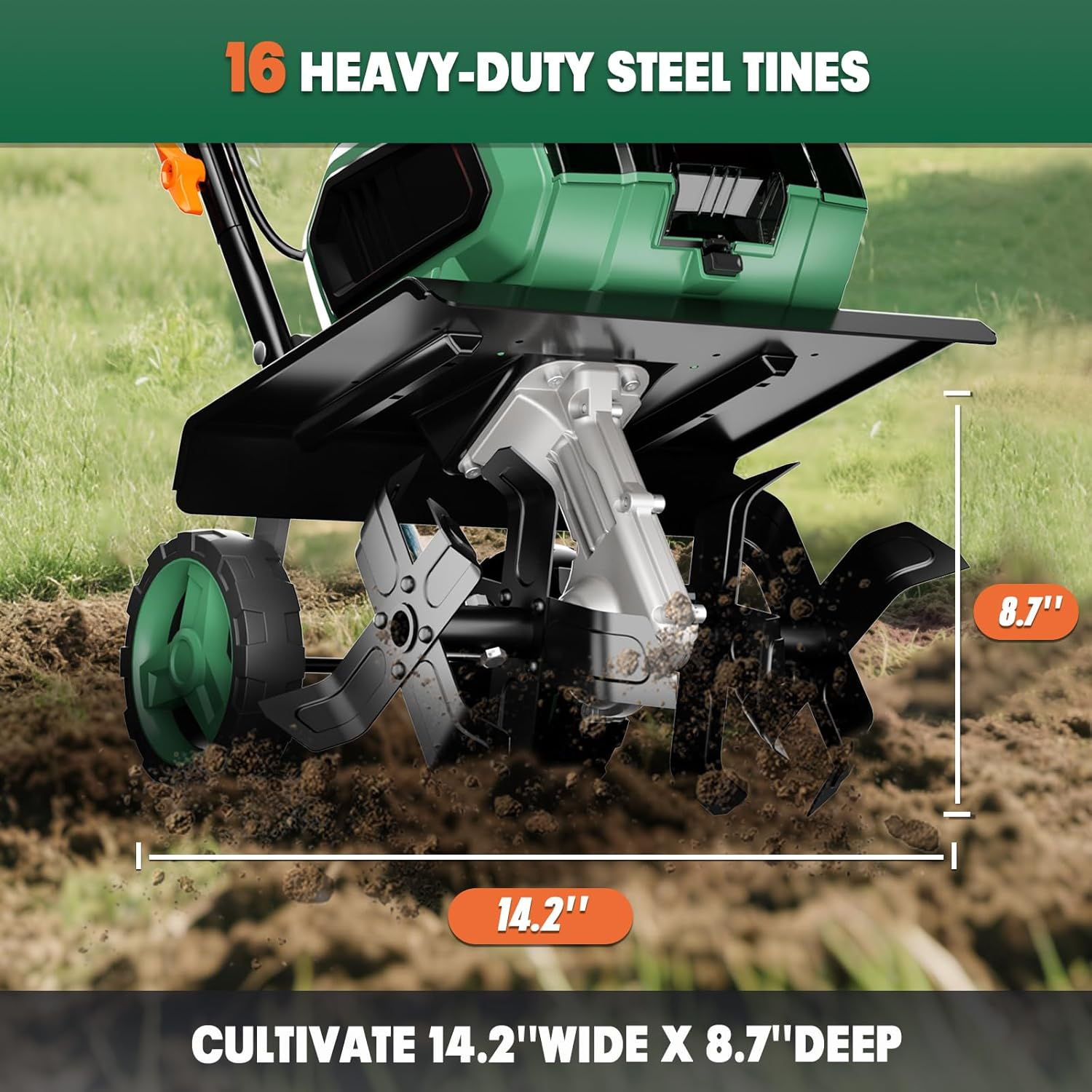 Cordless Garden Tiller Cultivator Compatible with Makita 18V Battery (Tool Bare) 14.2'' Width 8.7'' Depth 16 Steel Tines, Electric Rototiller Brushless Foldable with Adjustable Wheels image number 1