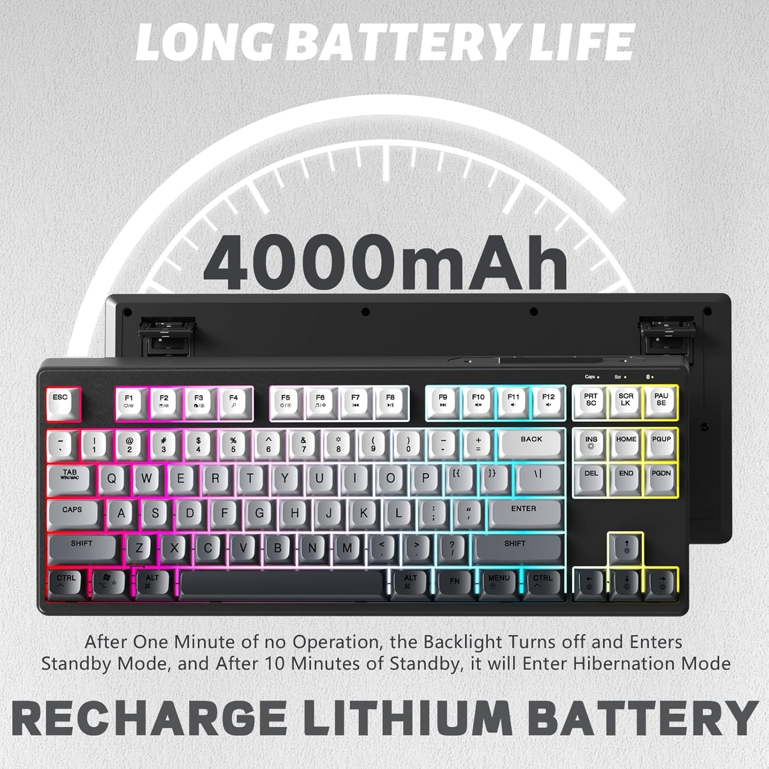 ATTACK SHARK M87 80% Wireless Gaming Keyboard,87 Keys Rainbow Lights TKL Mechanical Feeling SA PBT Keyboard for Mac/Win, Bluetooth 5.0/2.4Ghz Dual Mode Pc Keyboards for Office/Gaming Moonlight image number 4