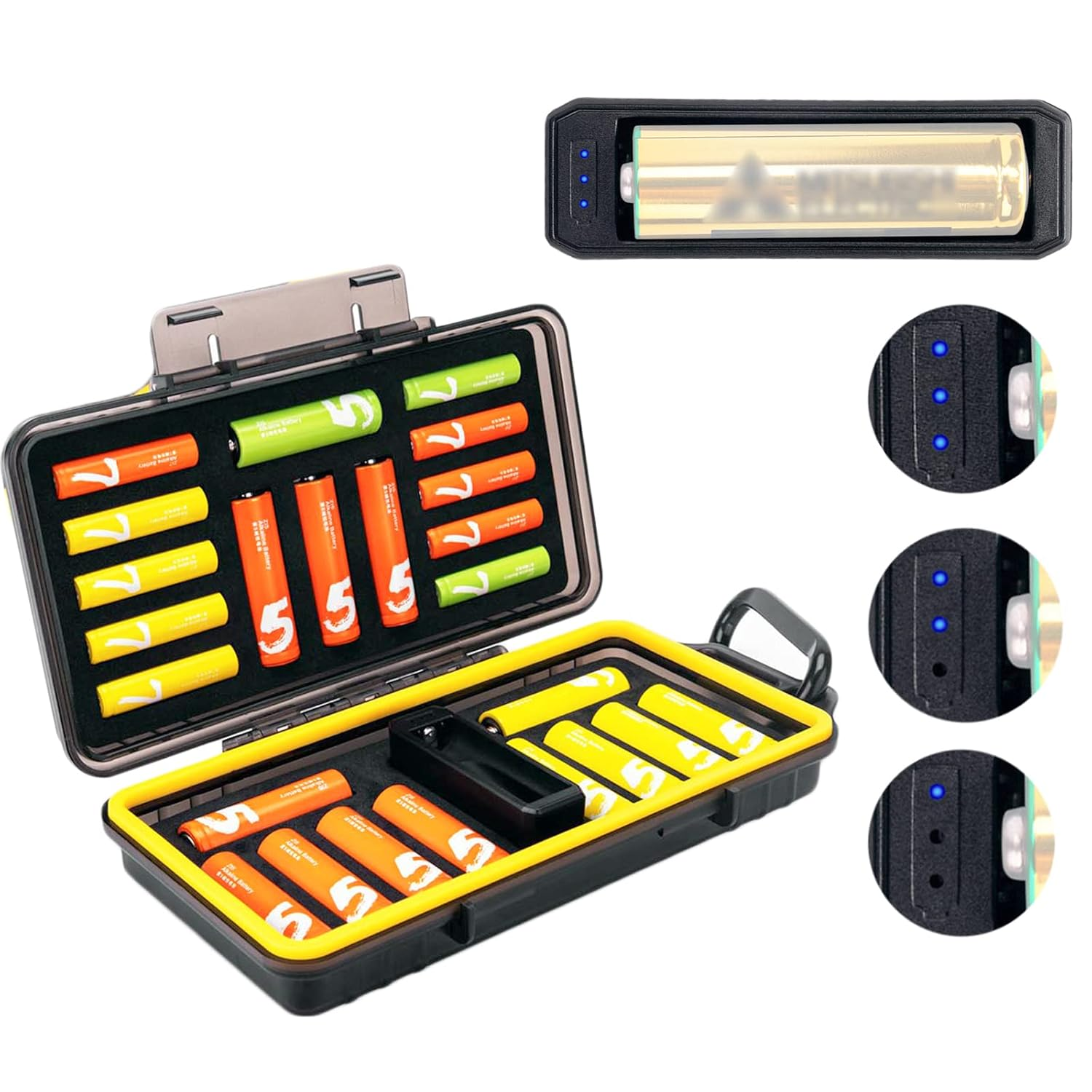 24 Slots AA AAA Battery Storage Case with Battery Tester Functions for 14Pcs AA Batteries + 10Pcs AAA Batteries, Water-Resistant Anti-Shock Protector, with Carabiner X 1