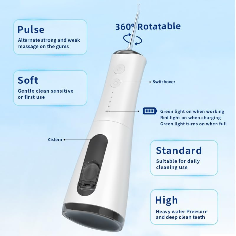 Water Dental Flosser, Cordless Oral Irrigator for Teeth, Gum, Braces Deep Cleaning, 5 Tips, 4 Modes, 300ML Rechargeable Water Dental Flosser, IPX7 Waterproof, Portable Design for Home Travel