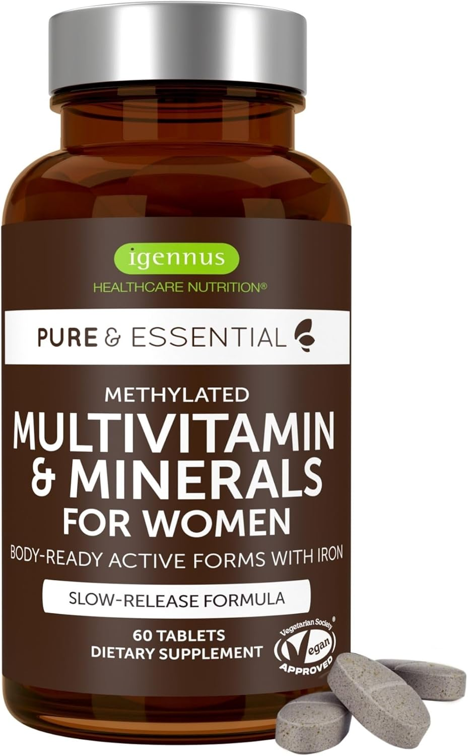 Pure & Essential Advanced Vegan Multivitamin & Minerals for Women with Iron, Vitamin D3, Methylated Folate, K2 & Zinc, Sustained Release, 30 Servings