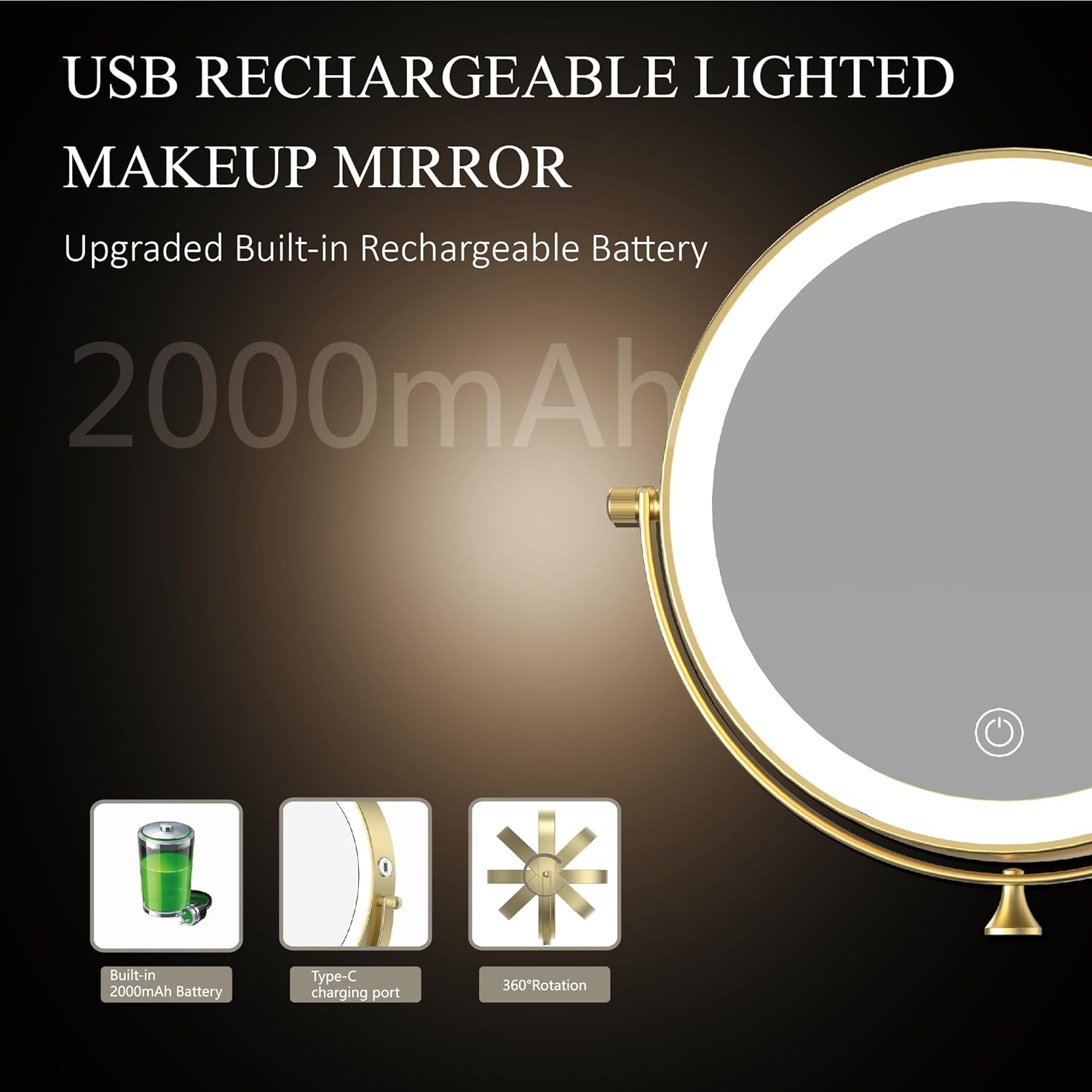 MIROAMZ Rechargeable Wall Mounted Lighted Makeup Vanity Mirror 8 Inch Double Sided 1X 10X Magnifying Bathroom Mirror, 3 Color Lighting, Touch Screen Dimming, 360 Rotation Shaving Mirror