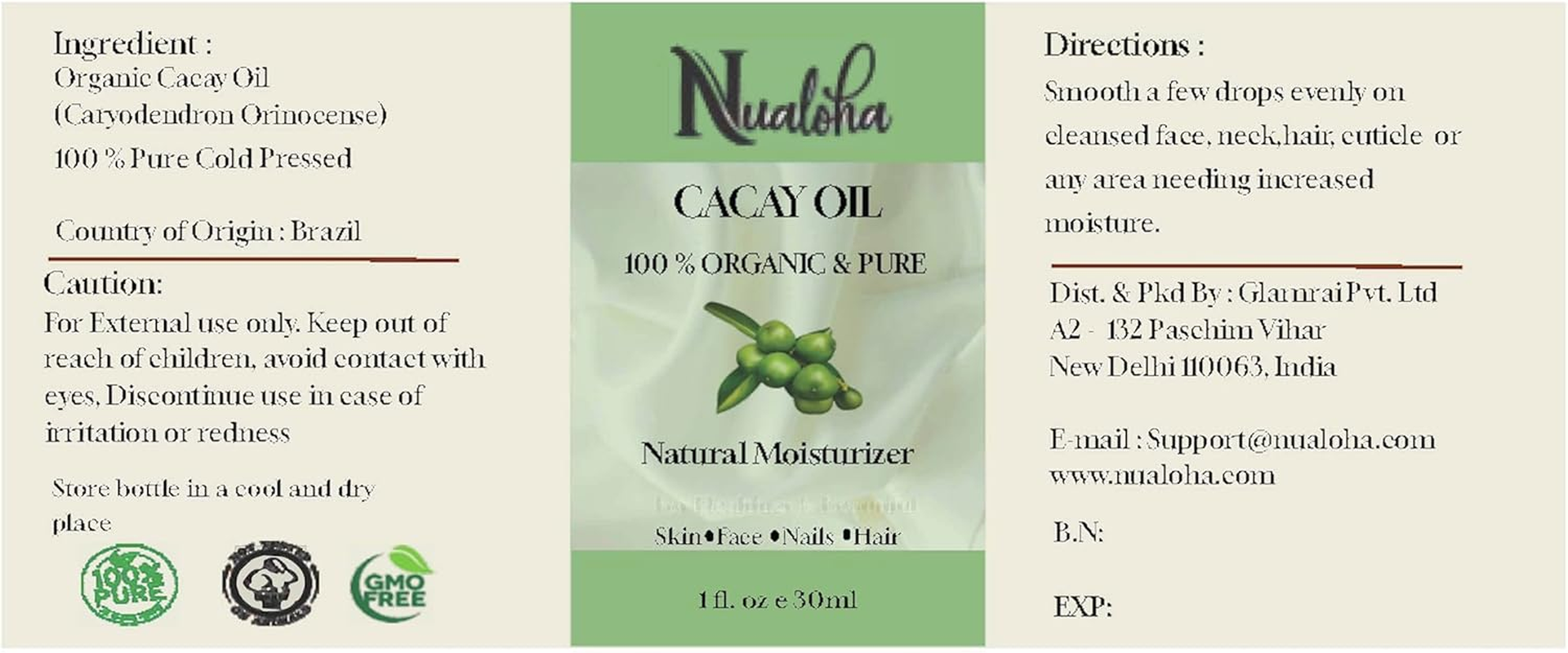 Nualoha Organic Cacay Oil - 100% Organic, Pure, Natural and Cold Pressed Moisturizer for Face, Glowing Skin, Hair Care and Nails - 30 ML image number 3