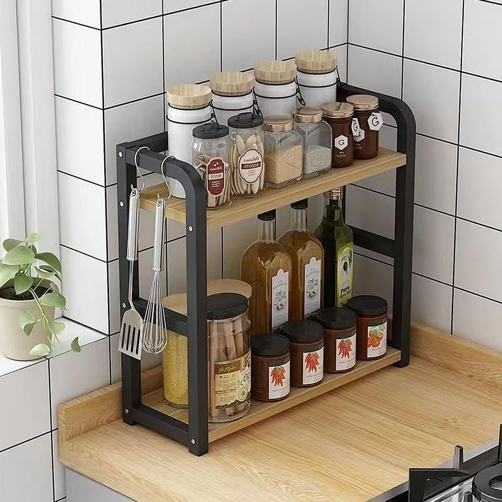 Dreamhousey Kitchen Countertop Stainless Steel +Wooden Board 2-Tier Seasoning Storage Rack, Kitchen Desktop Condiment Can Tank Supplies Organizer Shelf (Black+Oak, 2-Tier), 8-3-1 image number 2