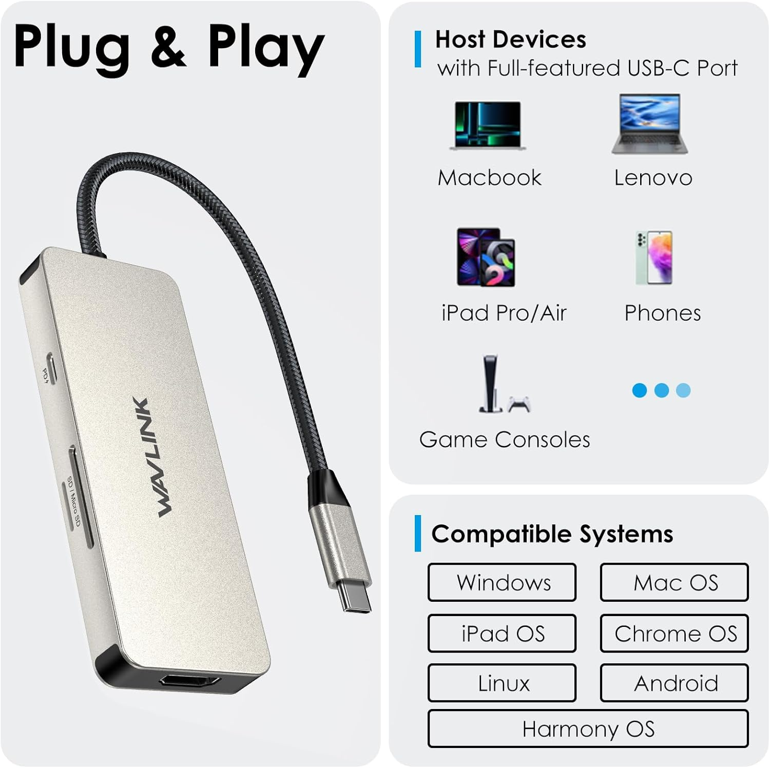 WAVLINK USB C Docking Station, USB-C to HDMI Adapter with 4K HDMI, 100W PD, 3X USB3.1, SD/TF Card Reader, USB Type C Hub Dongle for Macbook Pro/Air, Ipad Pro, Surface, XPS, Thunderbolt 3/4 Laptops image number 3