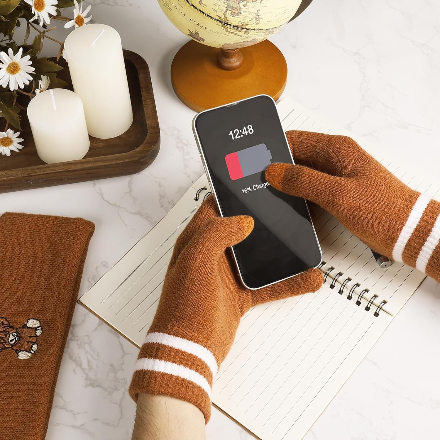 Vansolinne Highland Cow Beanie Hat and Gloves Women Winter Knitted Hat and Gloves Highland Scottish Cow Soft Cap and Gloves for Cold Weather Winter Accessories Gift for Her, Brown, Standard image number 6