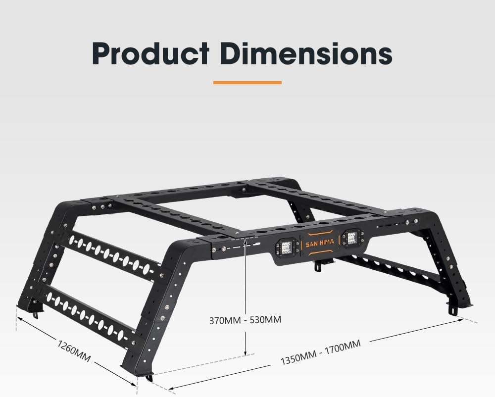 SAN HIMA Overland Bed Rack - 1110-1765MM Width Adjustable Truck Bed Rack with Pair LED Auxiliary Lights, for Universal Pickup Trucks UTE, 300KG Load Capacity