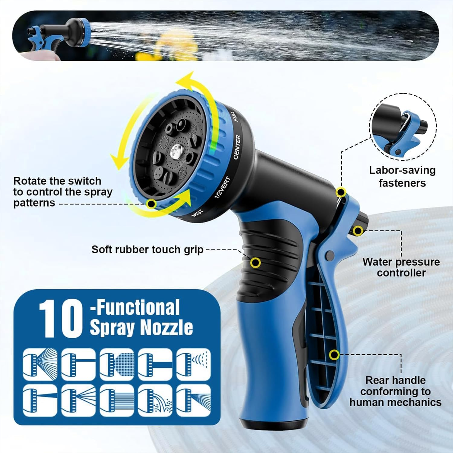 Garden Hose, Flexible Water Hose, Ultra Lightweight Non-Expanding Hose with 10 Function Sprayer, Leak Proof, Pressure Resistant for Yard, Outdoor (15M) image number 5