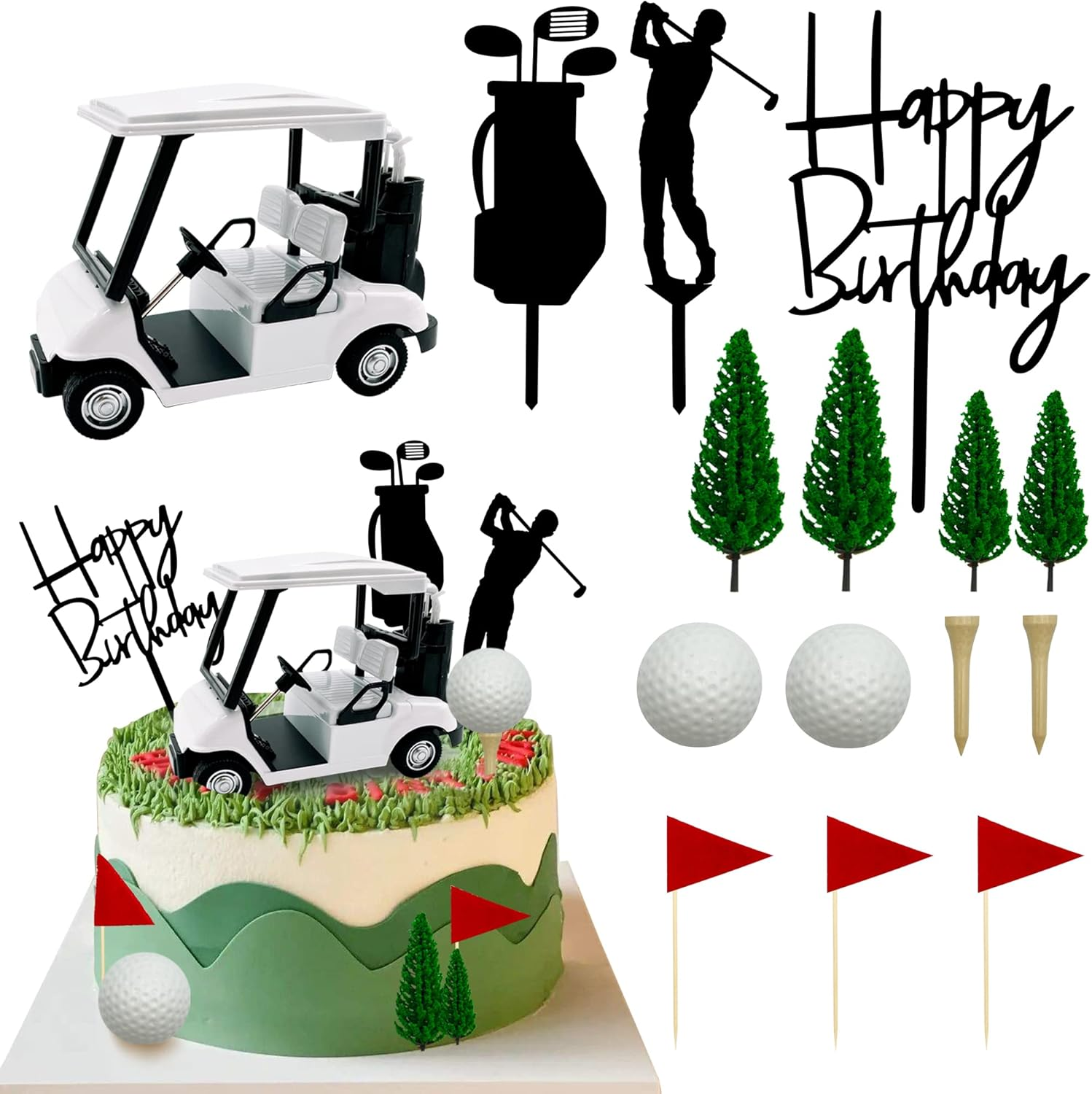 Golf Cake Decorations Golf Cart Cake Toppers Heading for the Green Cake Topper for Golfers with Cart Flag Golf Ball for Golf Theme Party Supplies (Blue)
