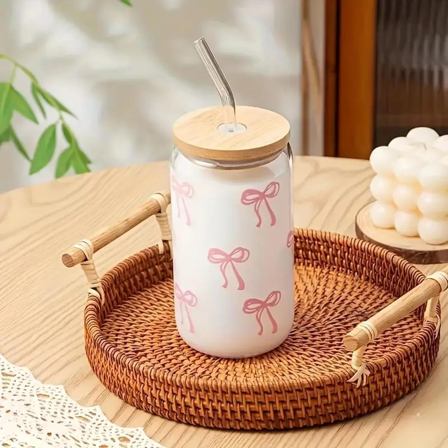 Pink Bow Tumbler with Straw and Lid Aesthetic Glass Cups Iced Coffee Cup Pink Cute Glass Cups 17Oz Tumbler Smoothie, Gifts for Girls Women Friends, 520Ml