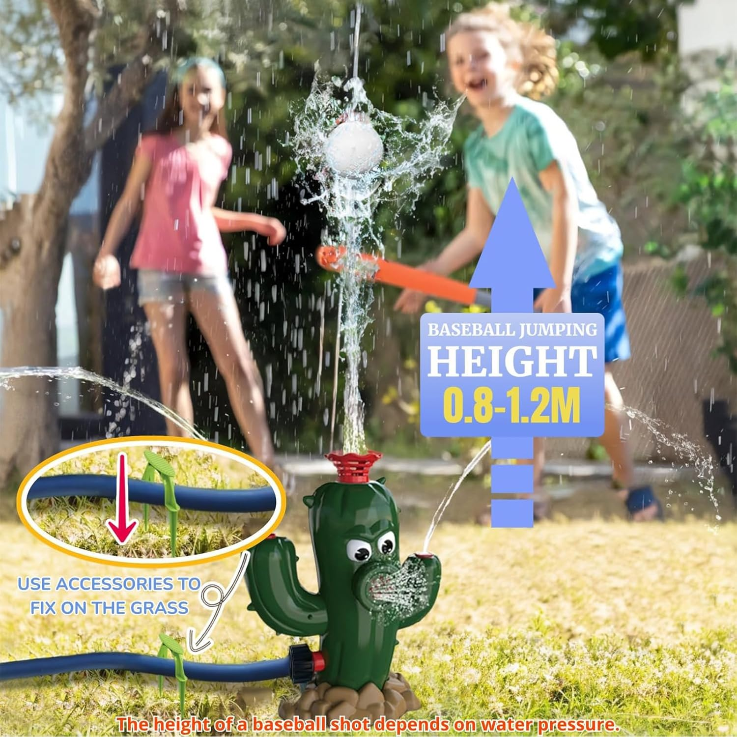 Kids Outdoor Water Sprinkler - Cactus Summer Backyard Lawn Game Spinning Sprinkler Toy - Spraying Ultra-High Water Jets, Attaches to Garden Hose, Baseball image number 3