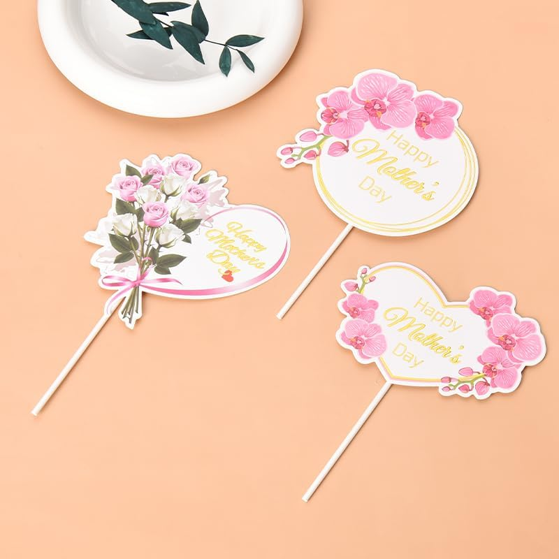 Happy Mothers Day Cake Topper Sign for Mother'S Day Cake Decorations for Women Mom Cupcake Toppers 3Pcs Heart round Rose Flower Floral Mothers Day Decorations Ideas image number 5
