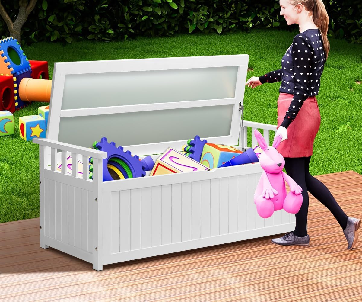 LI LIVSIP 200L Outdoor Storage Deck Box Bench, Waterproof & Lockable Large Storage Box Container Bench with Wheels & Handle for Cushion Pillow Toys Garden Tools, White image number 5