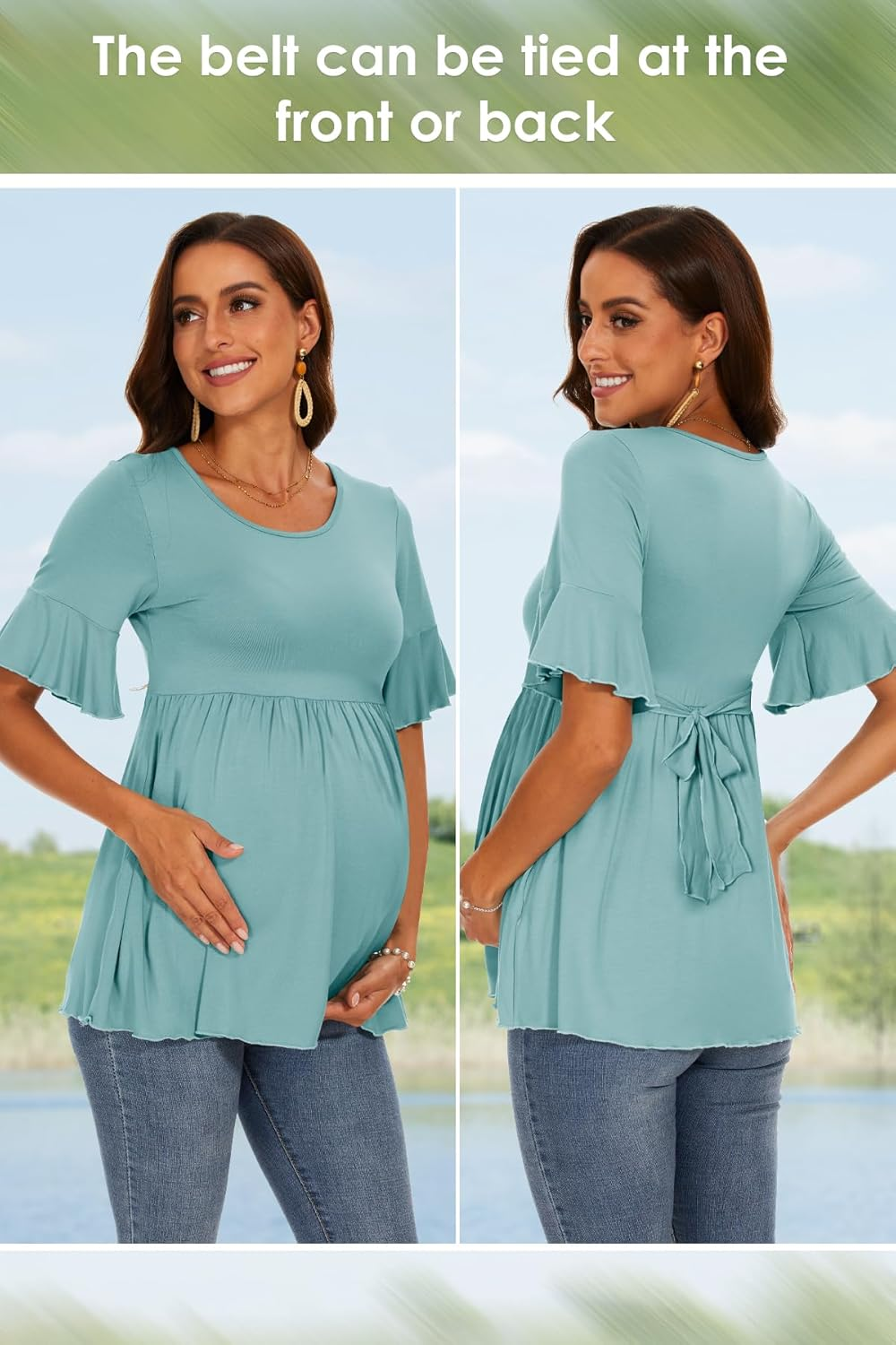 Women'S Ruffle Maternity Shirts Tops Short Sleeve Wrap Tie Front Pregnancy Clothes image number 3
