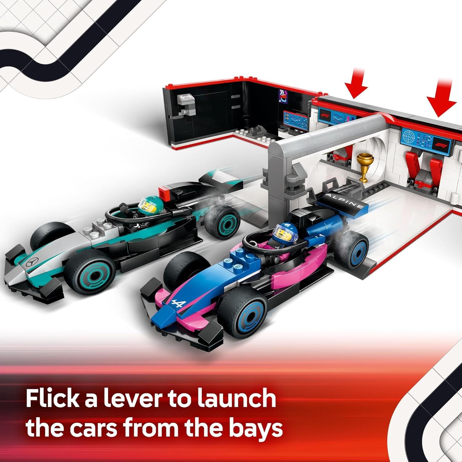 LEGO City F1 Garage & Mercedes-Amg & Alpine Cars Building Set with Formula 1 Racing Cars for 7+ Year Old Boys & Girls, Vehicle Model Construction Kit with Kids Toy Garage and 6 Minifigures 60444 image number 5