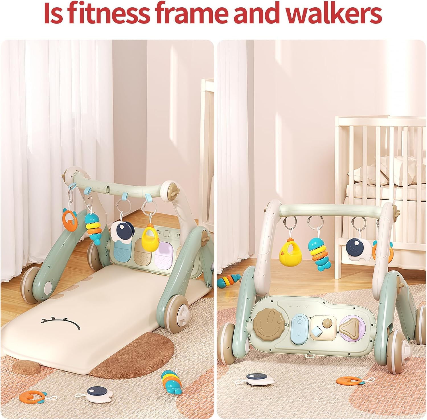 Jovow 2 in 1 Baby Gym with Walker,Baby Play Mat with 4 Infant Learning Sensory,Double-Sided Multifunctional Removable Play Piano Panel,Sit-To-Stand Learning Walker for 0-24 Months Boy Girl [White] - Colorful image number 3