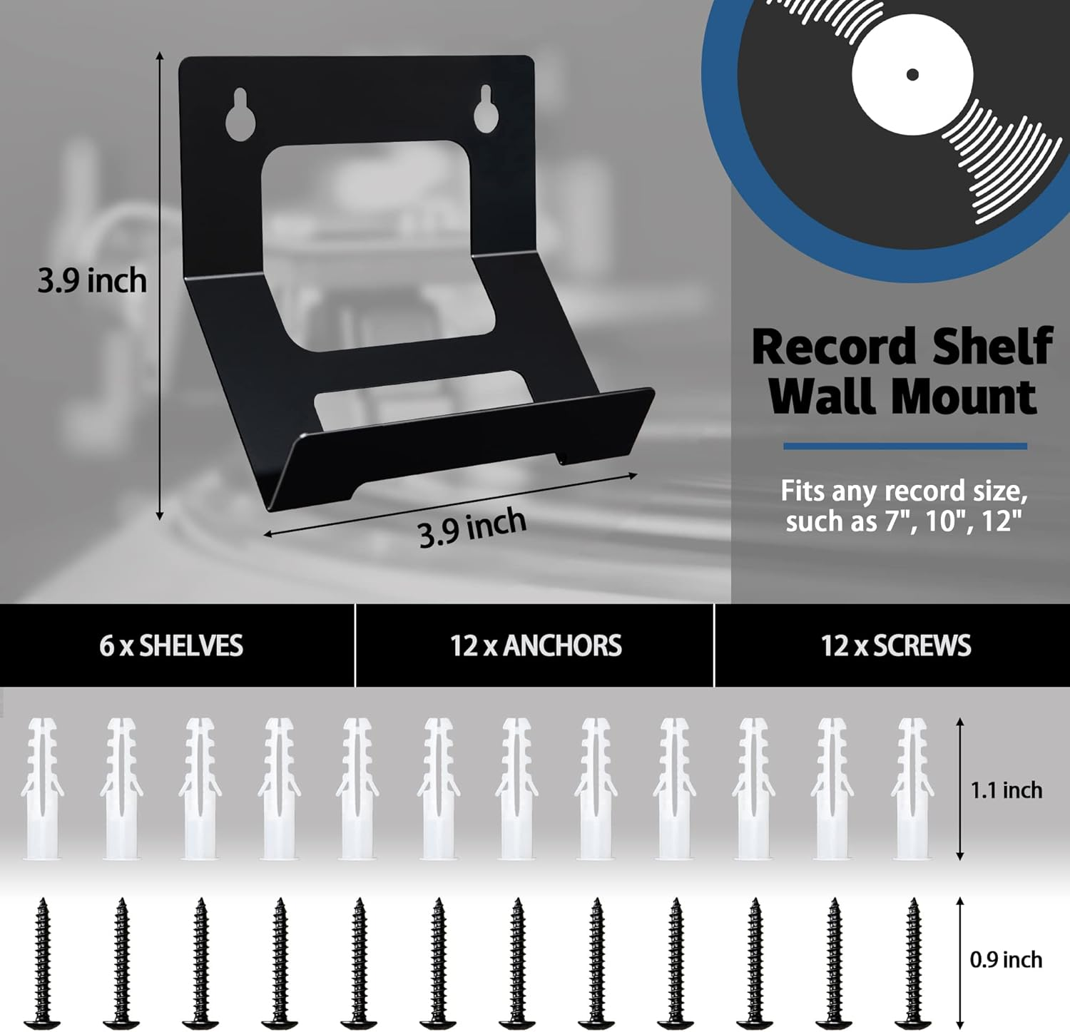 Mylifeunit Vinyl Record Wall Mount, 6 Pack Metal Record Holder for Albums Display (Black) image number 5