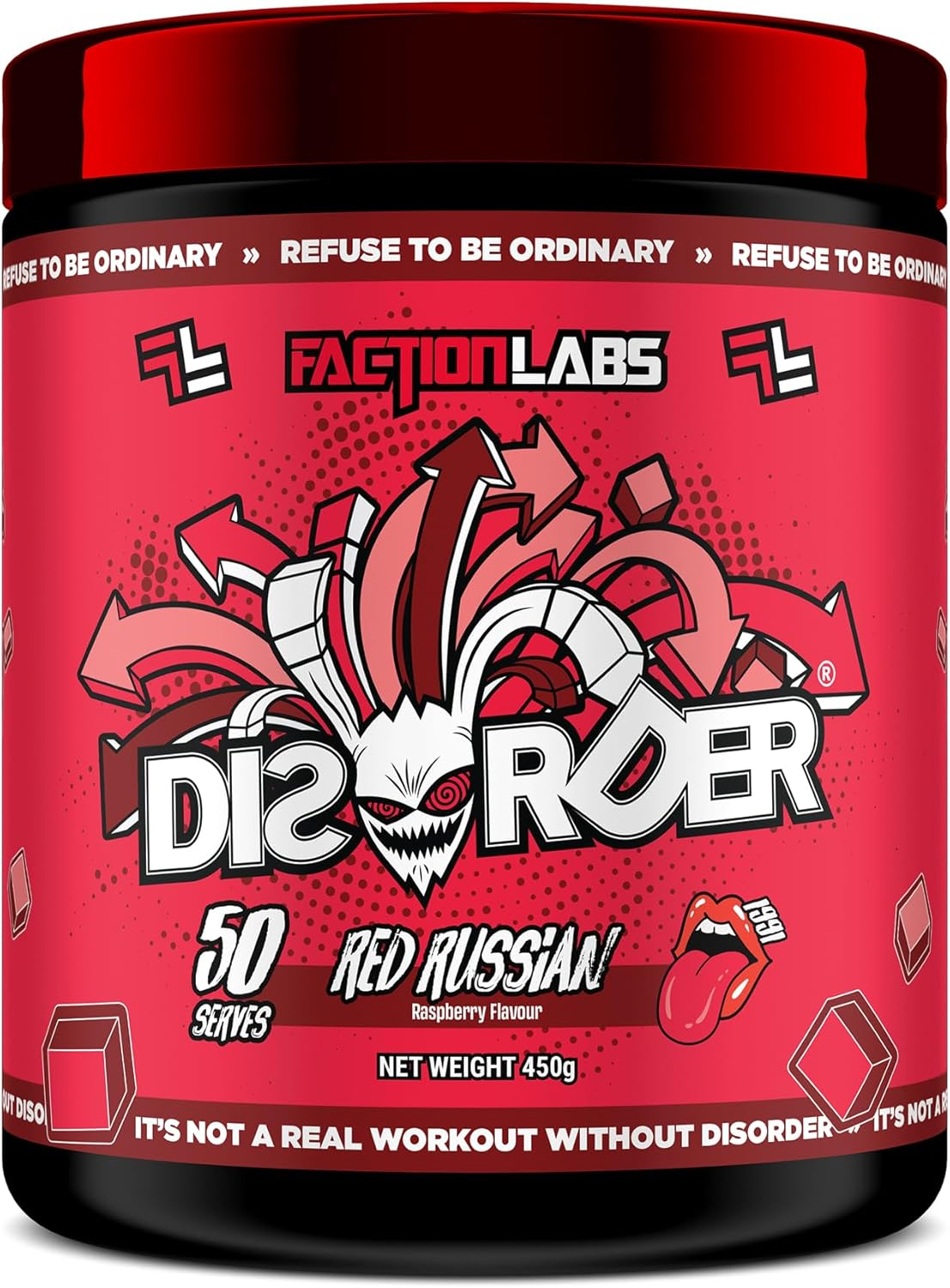 Faction Labs Disorder Original Pre Workout Powder, Red Russian, Sugar Free Caffeinated Gym Supplement, 50 Serves, 450G image number 1