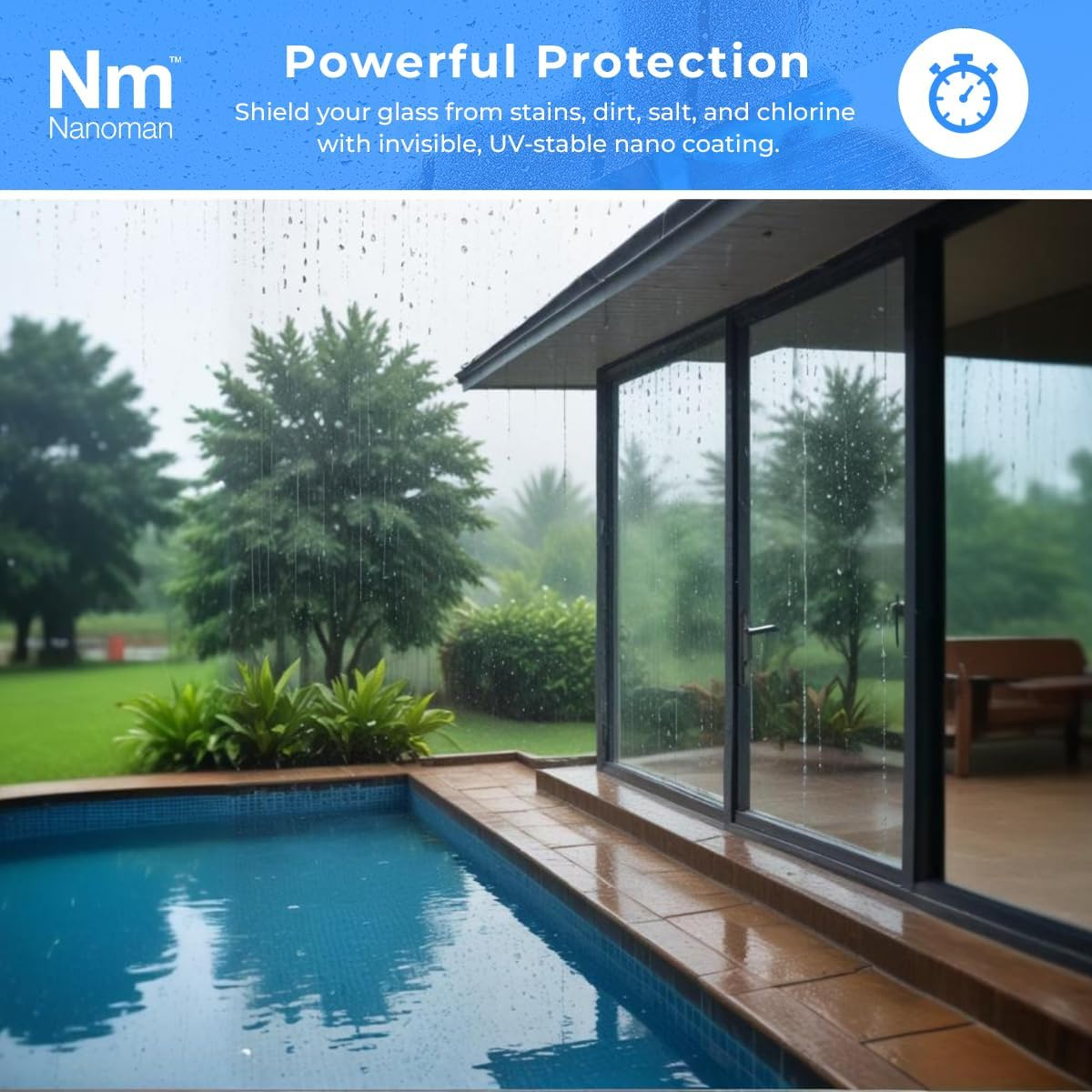 Nanoman Glass + Ceramic Coating &ndash; Hydrophobic, Easy-Clean Protection for Pool Fences & Glass Balustrades, 750Ml image number 1