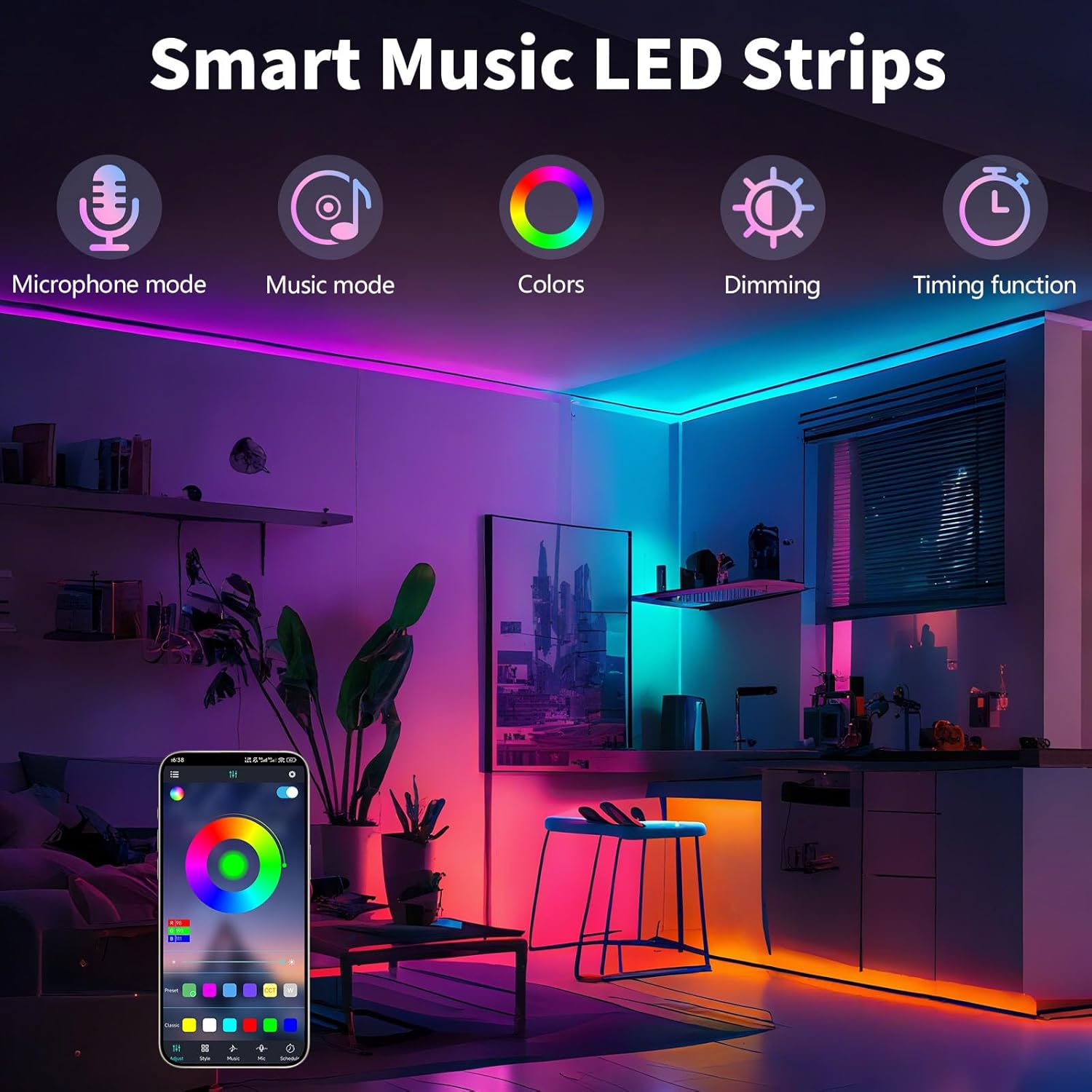 10M/16FT Bluetooth LED Strip Lights, RGB LED Lights with Music Sync, Remote APP Control, Flexible DIY Multi-Colour String Lights for Kitchen, Garden,Party,Pc Decoration,Bedroom (10M) image number 2