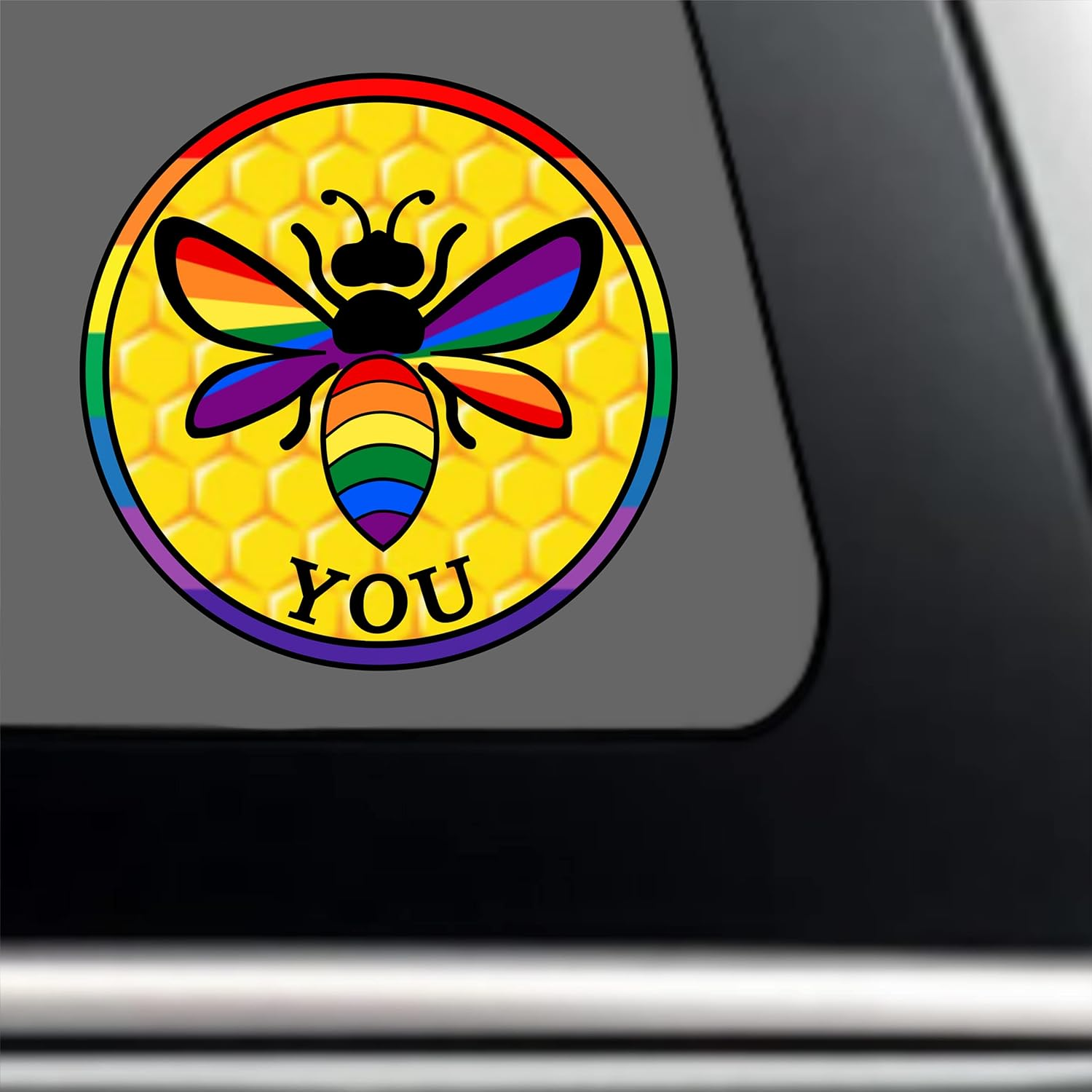 LGBT Honey Bee You &ndash; Be Yourself - Gay Pride Bumper Sticker | LGBTQ Rainbow Flag Premium Vinyl Decal 3 X 3 for Car Auto Equality LGBTQIA Coexist Progress Sign + Better than Magnets Sticks Anywhere