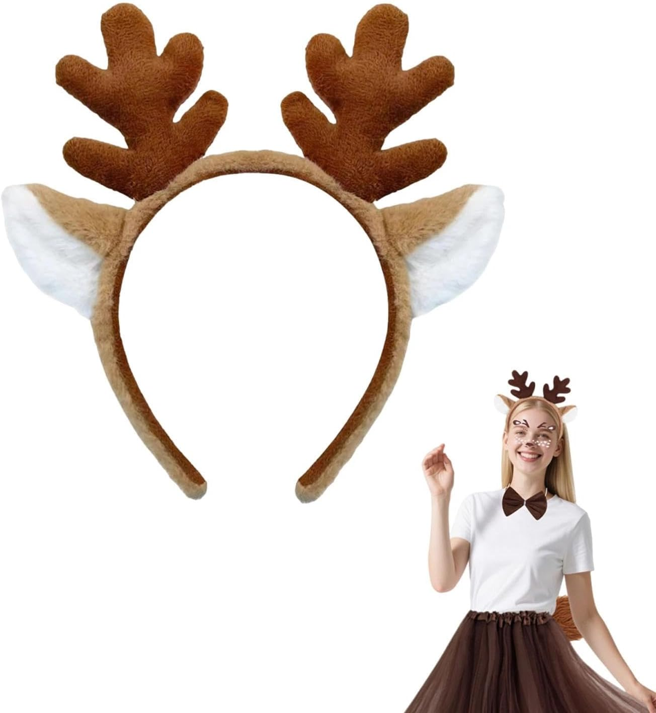 Dinghaole Dark Brown Animal Antler Headband - Adjustable Christmas and Halloween Costume Accessories with Realistic Deer Ear Design image number 3