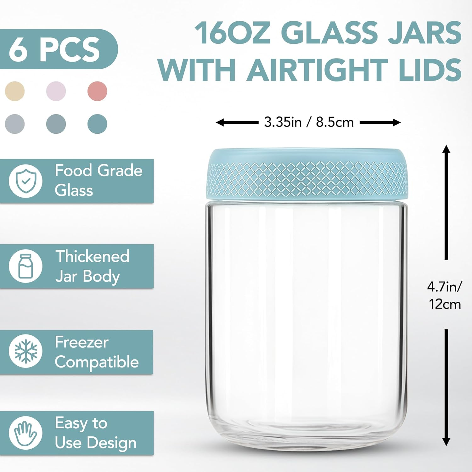 6-Pack Overnight Oats Containers with Lids, 473Ml/16Oz Clear Glass Jars with Airtight Lids, Wide Mouth Mason Jars, Food Storage Containers for Meal Prep Chia Spice Cereal Snacks Yogurt Salad Sugar image number 2