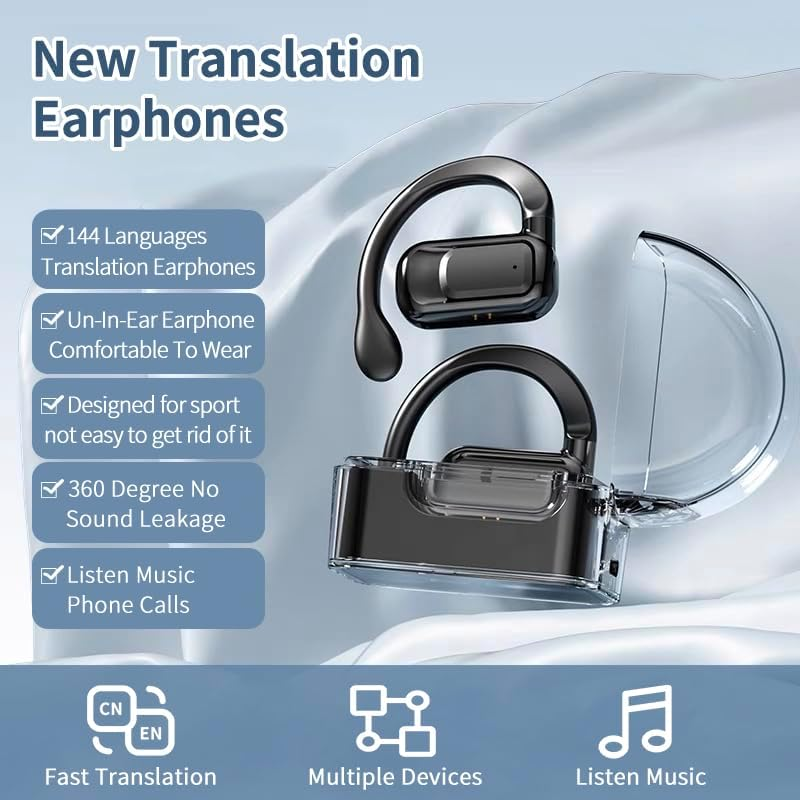 HISHELL Open Headphones with Voice Translator, Real Time Translator Device, Bluetooth Earbuds with Ear Hook for 144 Languages Online, Voice Translator with App, Fits Ios and Android (Black) image number 3